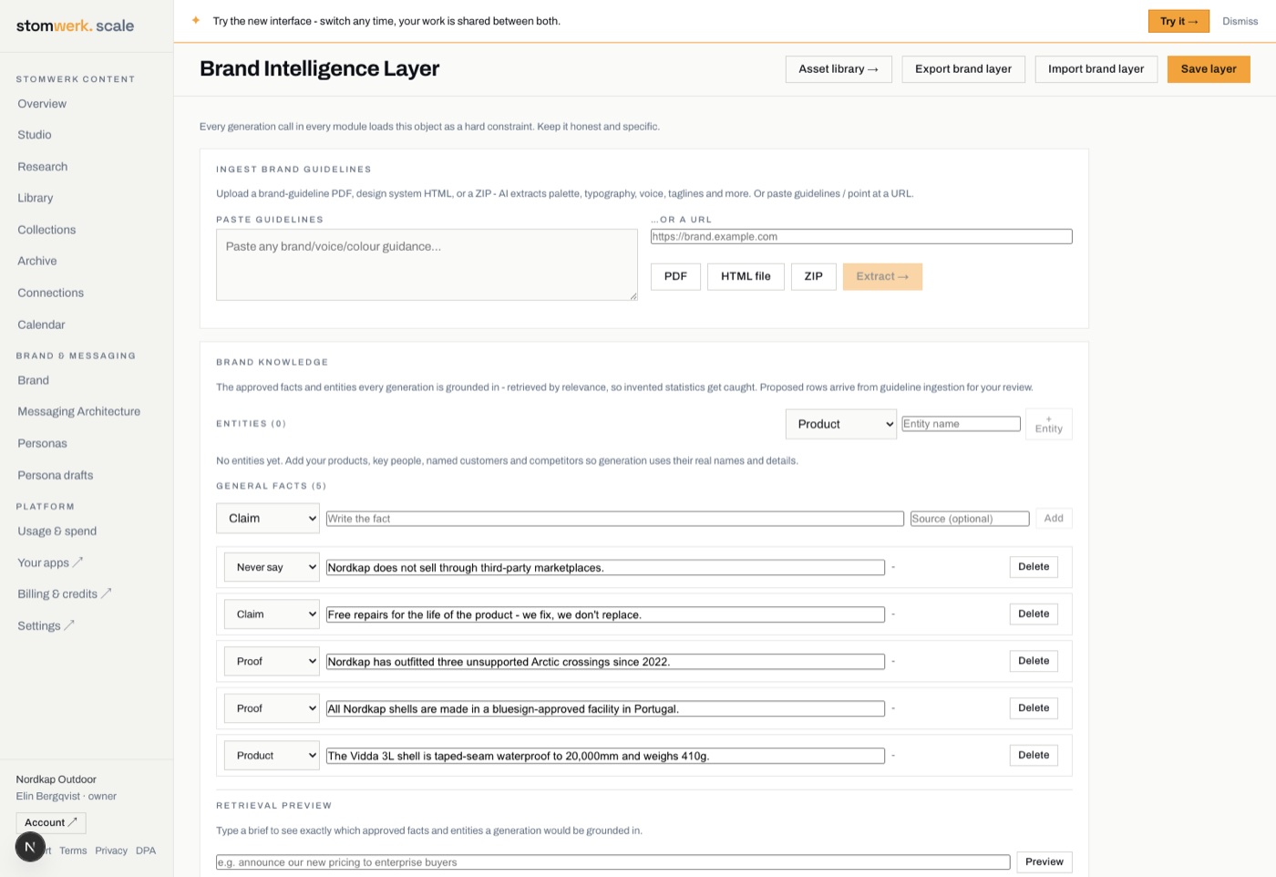 The Brand Intelligence Layer showing approved brand facts and a never-say rule that every generation is checked against