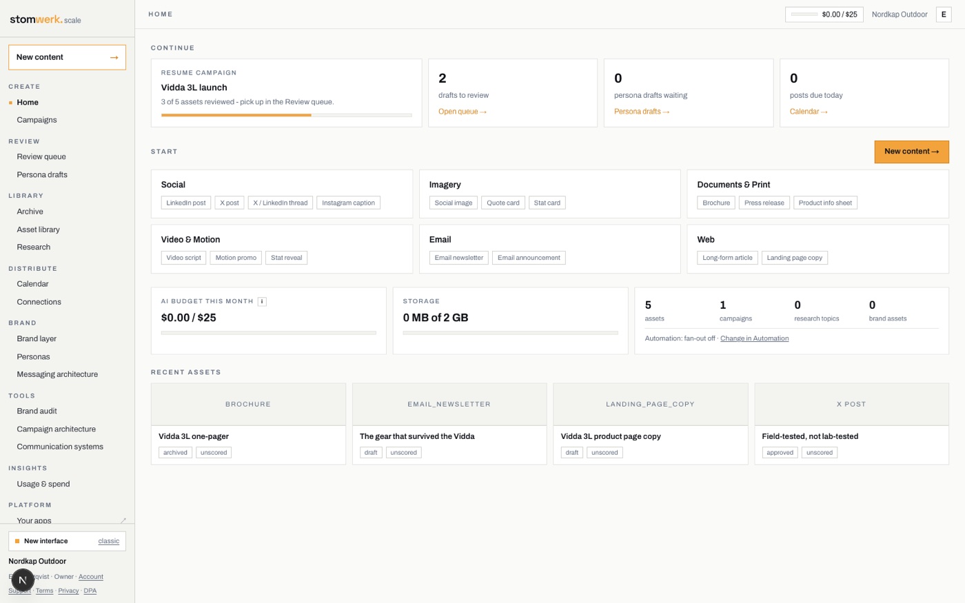 stomwerk content workspace home showing a campaign in progress, review queue and recent generated assets