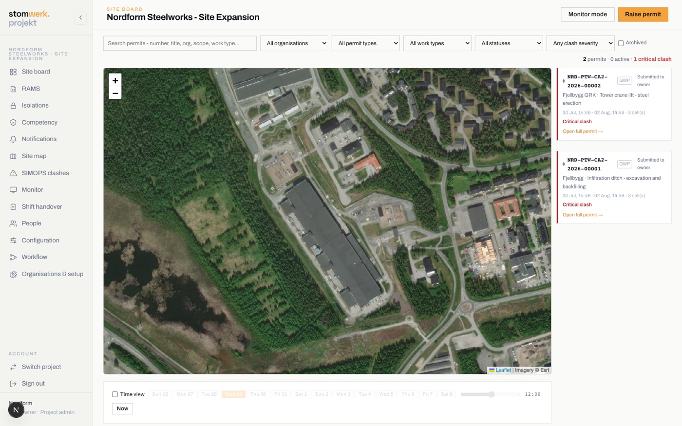 Work Permit Intelligence site board showing a live satellite site map, two raised permits and a flagged critical SIMOPS clash